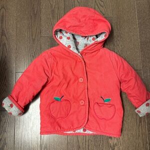 Baby Boden Coral-Red Hooded Puffer Jacket with Apple Pockets size 18/24
